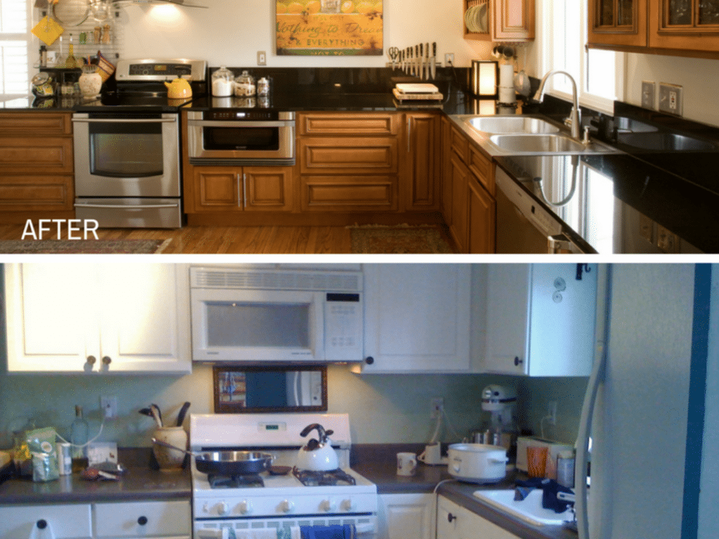 Before and after photo of kitchen cupboard