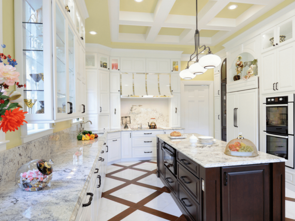 Kitchen modular with brown and black island cabinet