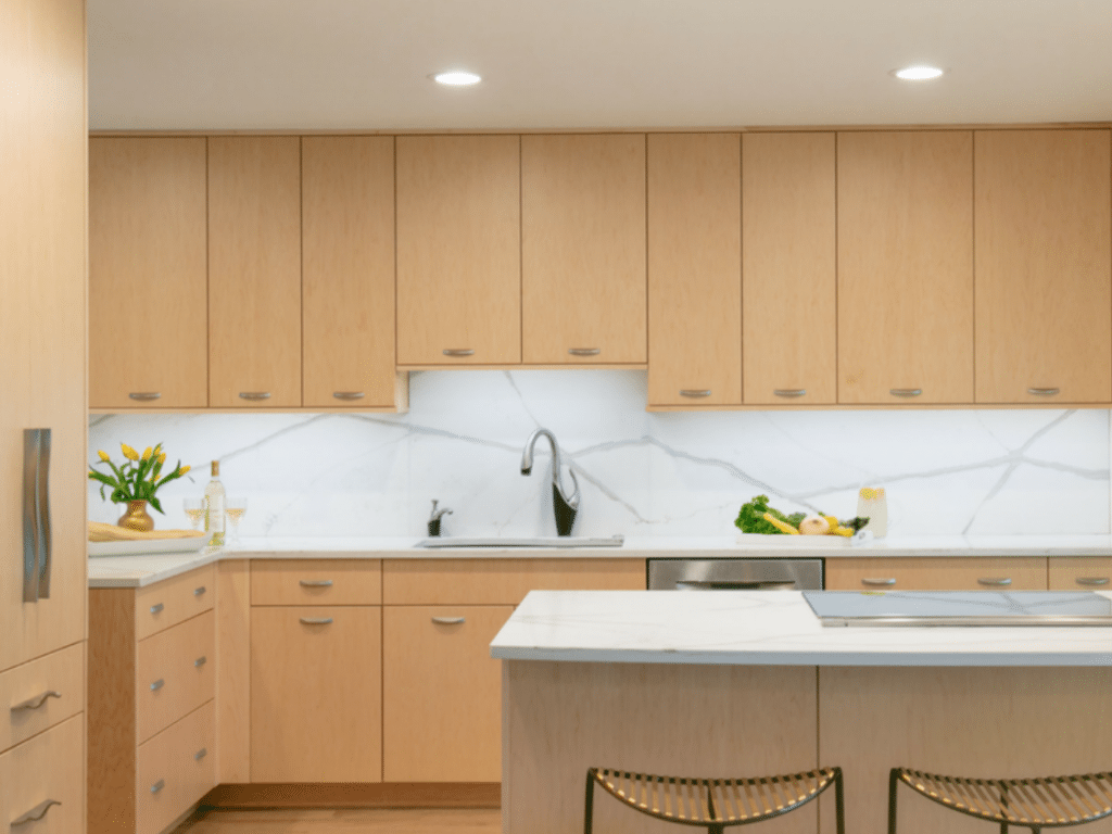 Brown and white wooden kitchen furniture set in kitchen