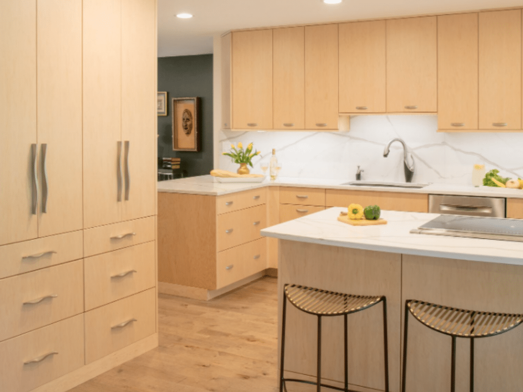 Beige wooden cupboard closed inside kitchen room