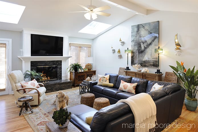 coastal home family room with dog