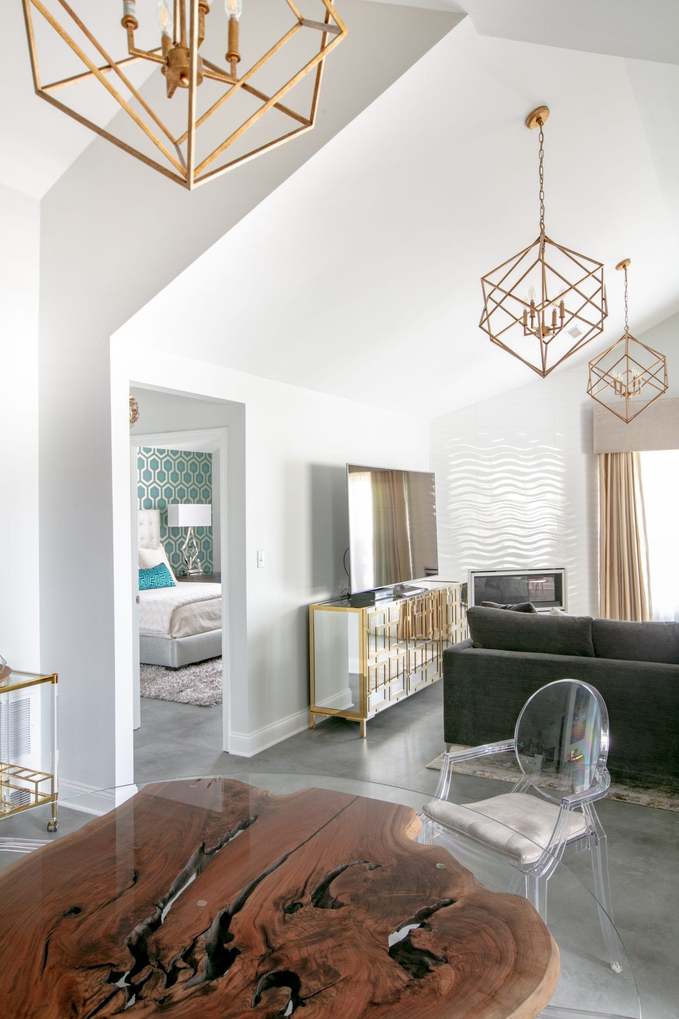 white and gold living space