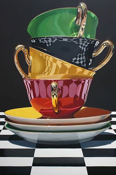 Cups stacked on saucers