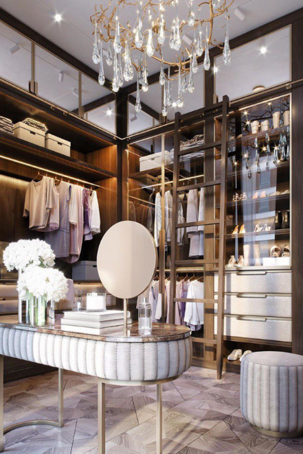 mirrored vanity in dressing room